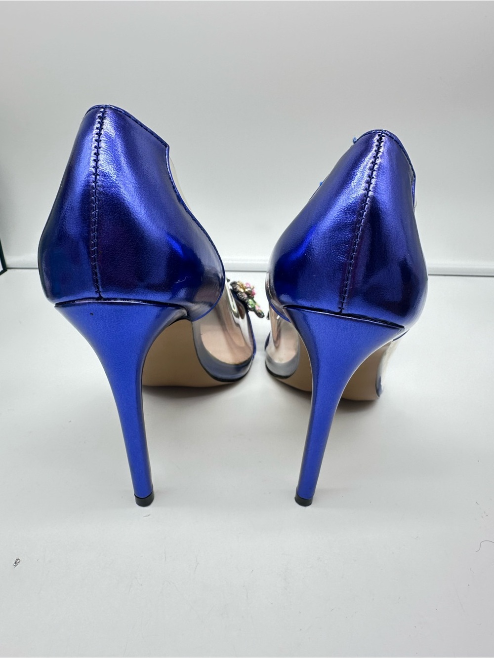 Betsey Johnson Metallic Royal Blue Pointed Toe Pumps with Floral Jewels - Picture 11 of 13